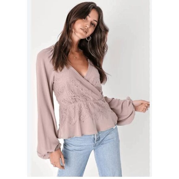 Lulus Women's Large Blush Taupe Sophie Lace Peplum Long Sleeve Blouse - Picture 1 of 9